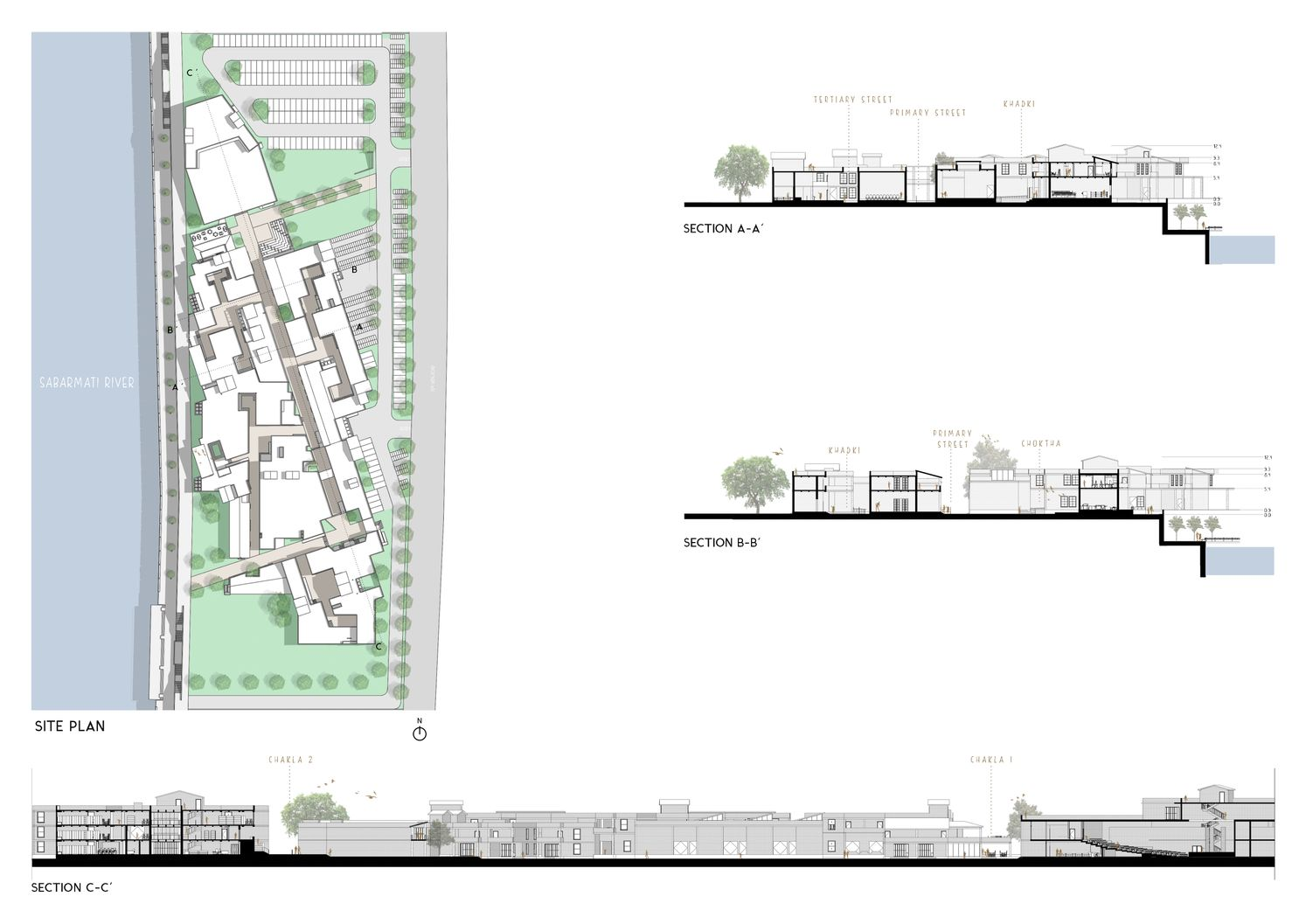 Site plan and sectional studies showing spatial continuity between civic functions and the Sabarmati river edge.