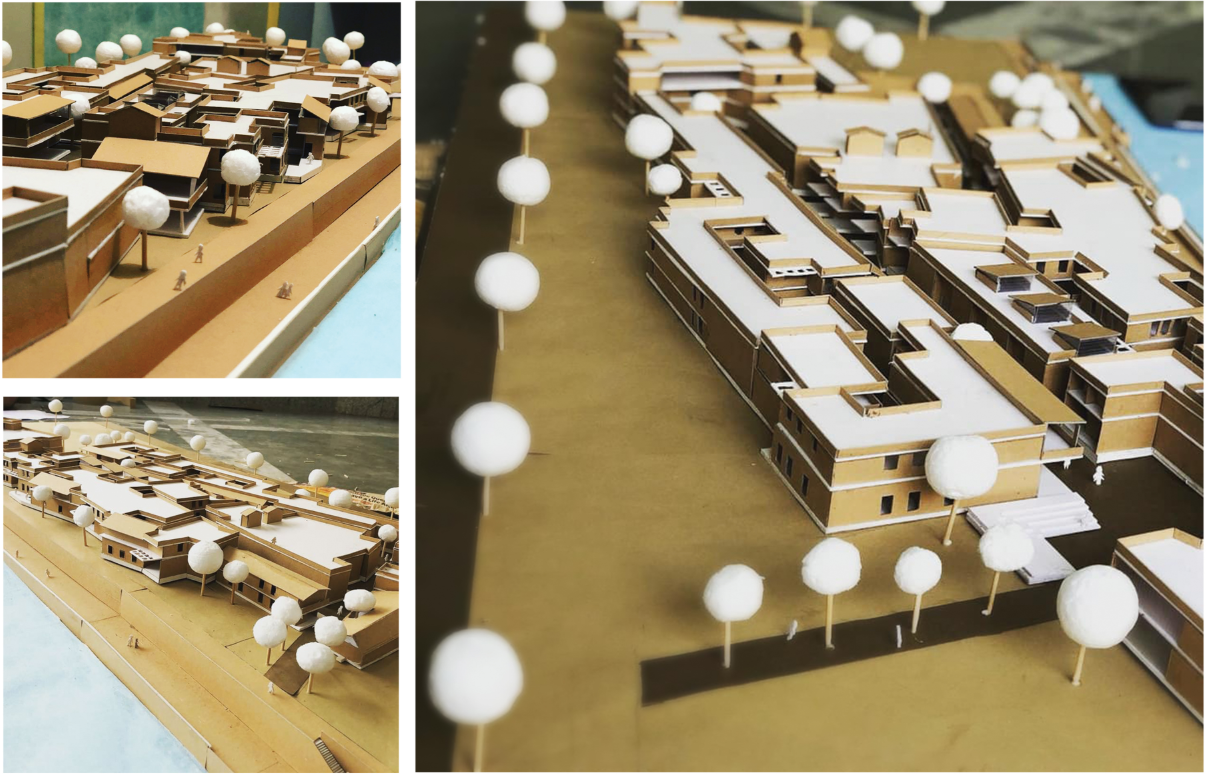 Architectural model views highlighting massing, courtyards, and pedestrian movement as key civic engagement elements.