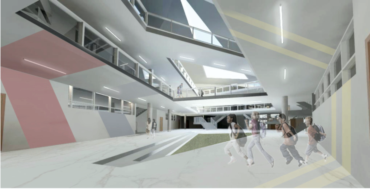 A multi-level interior atrium encourages movement, visual connection, and informal interaction within the educational core.