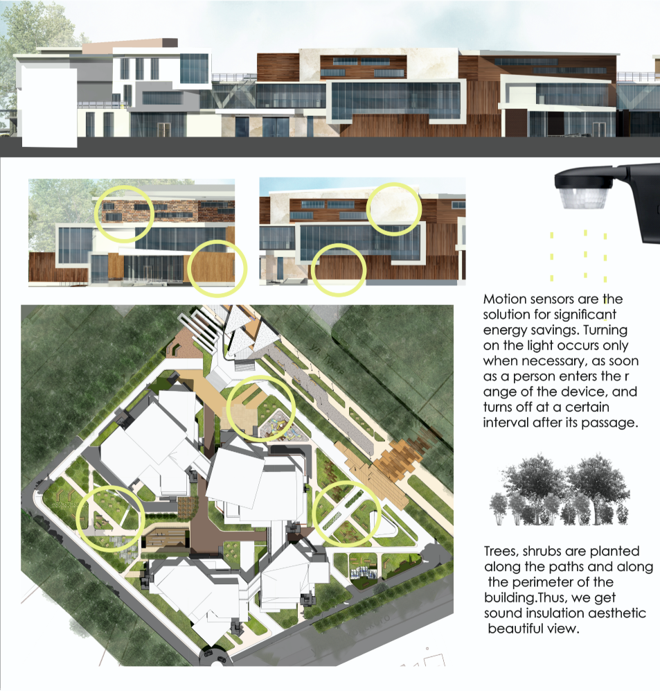 The architectural massing balances transparency and solidity through layered facades, natural materials, and generous glazing.