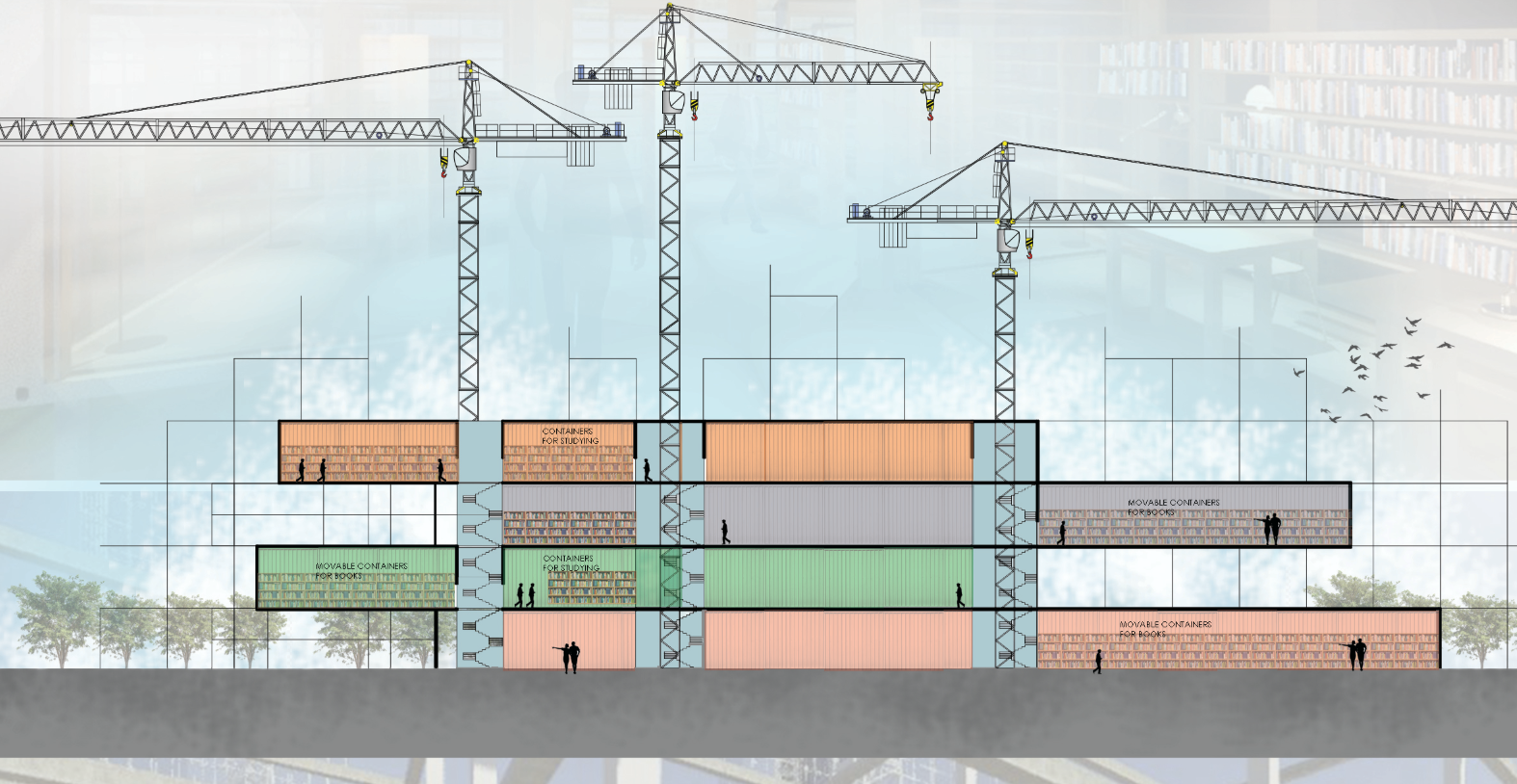 Sectional view showing the modular stacking of container-based learning spaces supported by crane infrastructure.