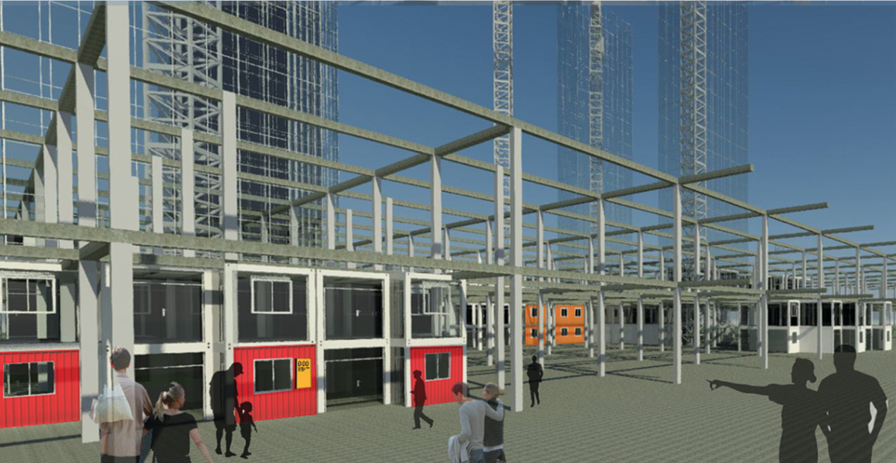 Open structural grid allowing flexible placement and relocation of learning containers over time.