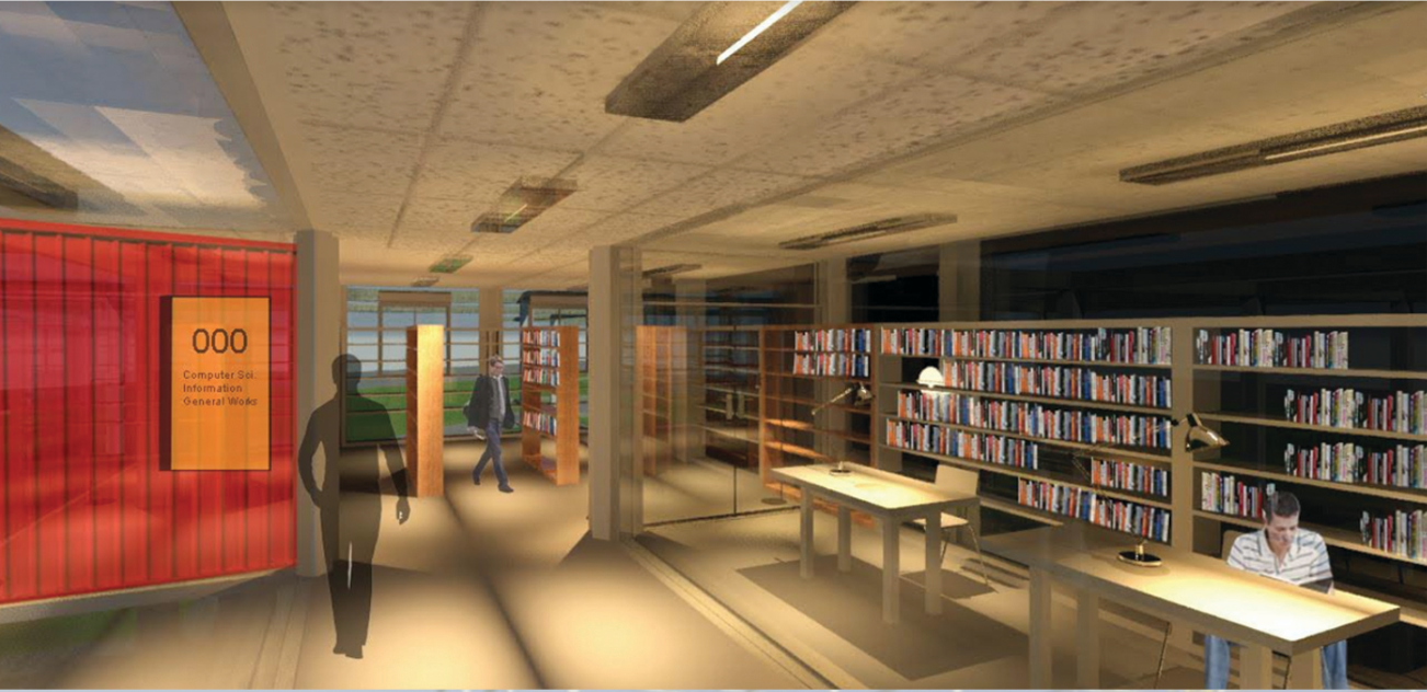 Interior reading spaces housed within containers, combining industrial structure with focused learning environments.