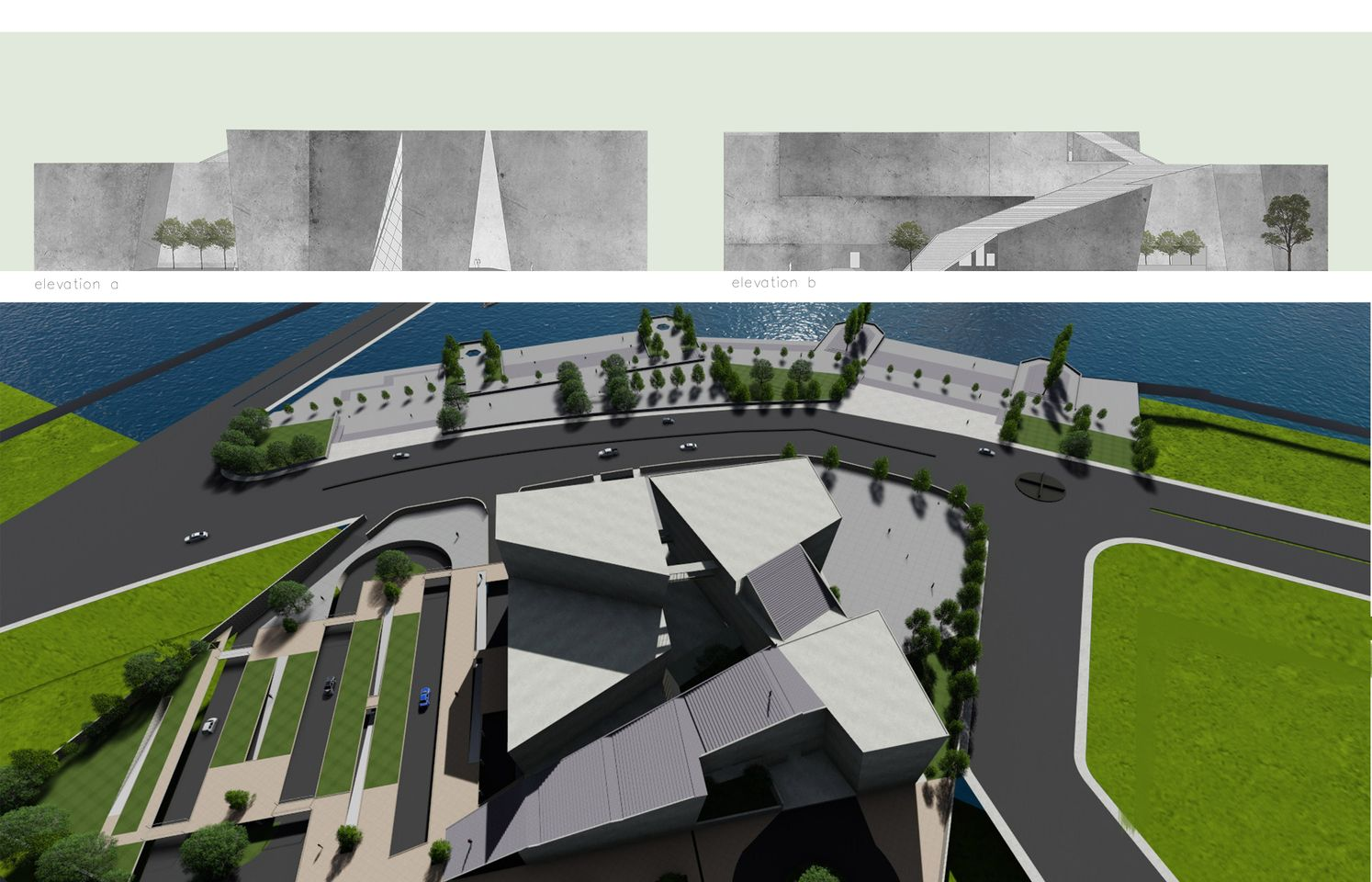 Aerial view highlighting the museum’s relationship with the riverfront, plazas, and surrounding urban infrastructure.