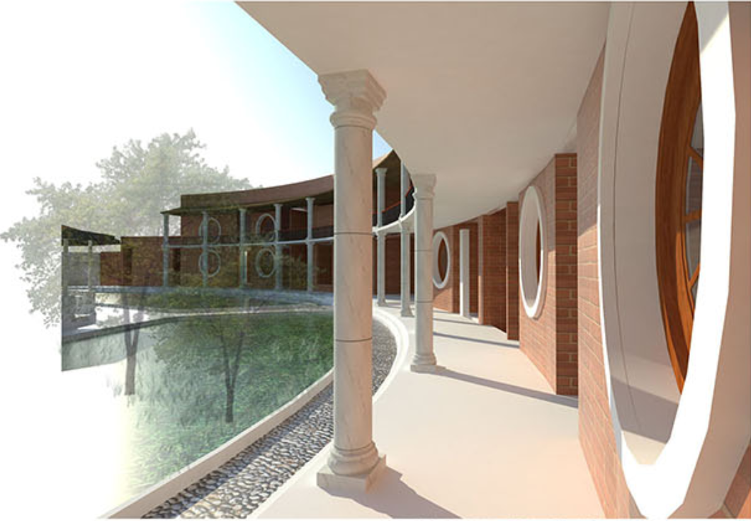 Curved circulation corridors designed to encourage calm movement and visual continuity.