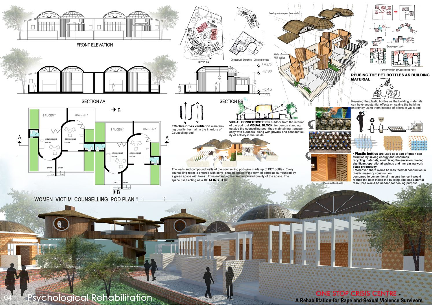Counselling pod design illustrating trauma-informed spatial planning and passive ventilation.