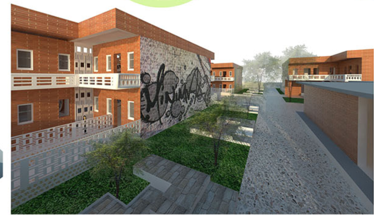 Shelter housing blocks integrated with art walls as tools for expression and healing.