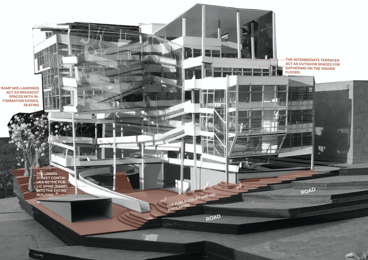 Physical model of the ward office showing the public ramp as an urban spine extending from the road into the building.