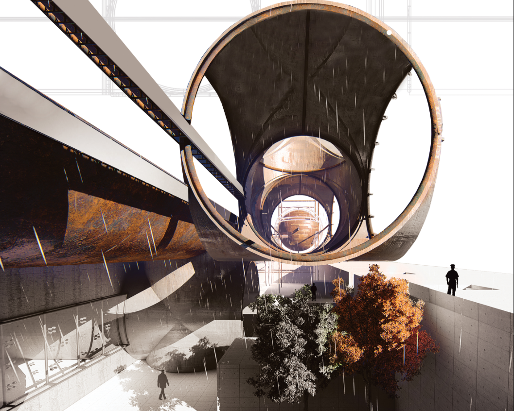 Futuristic prison architecture expressed through interconnected cylindrical volumes.