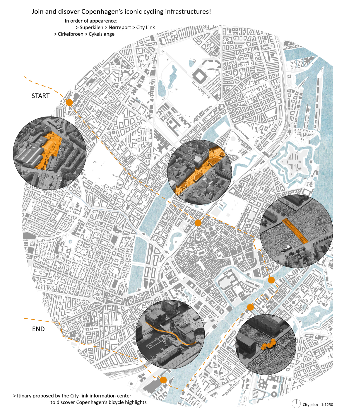 City-wide cycling itinerary mapping Copenhagen’s iconic bike infrastructure and harbor connection.