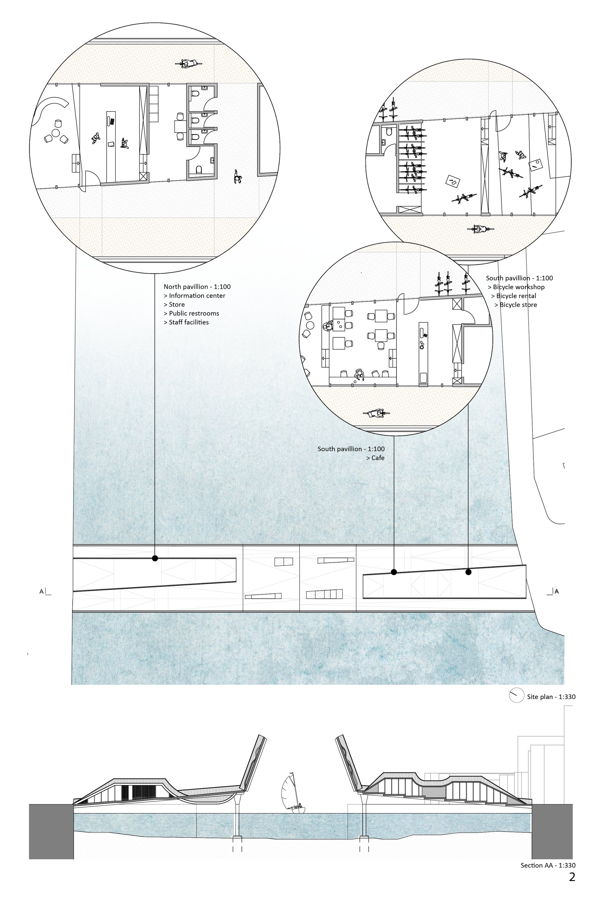 Architectural plans and section drawings showing the bridge’s pavilions, circulation, and openable structure.