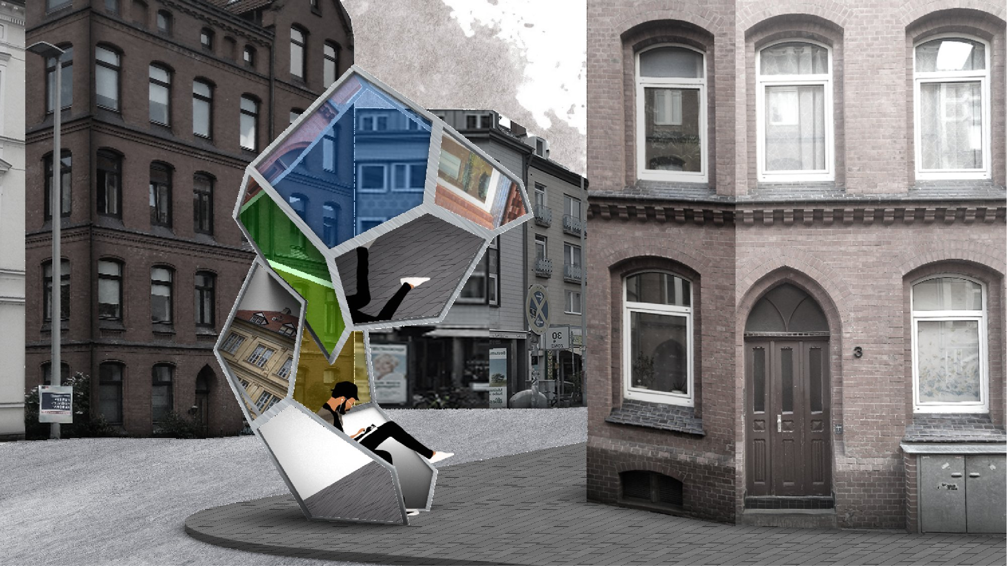 Reflective polyhedral installation refracting the cityscape into vibrant, immersive perspectives.