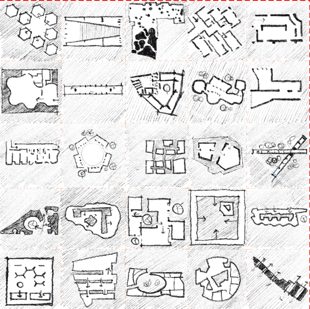 Conceptual floor plans exploring diverse spatial typologies for locally adaptive design studios worldwide.