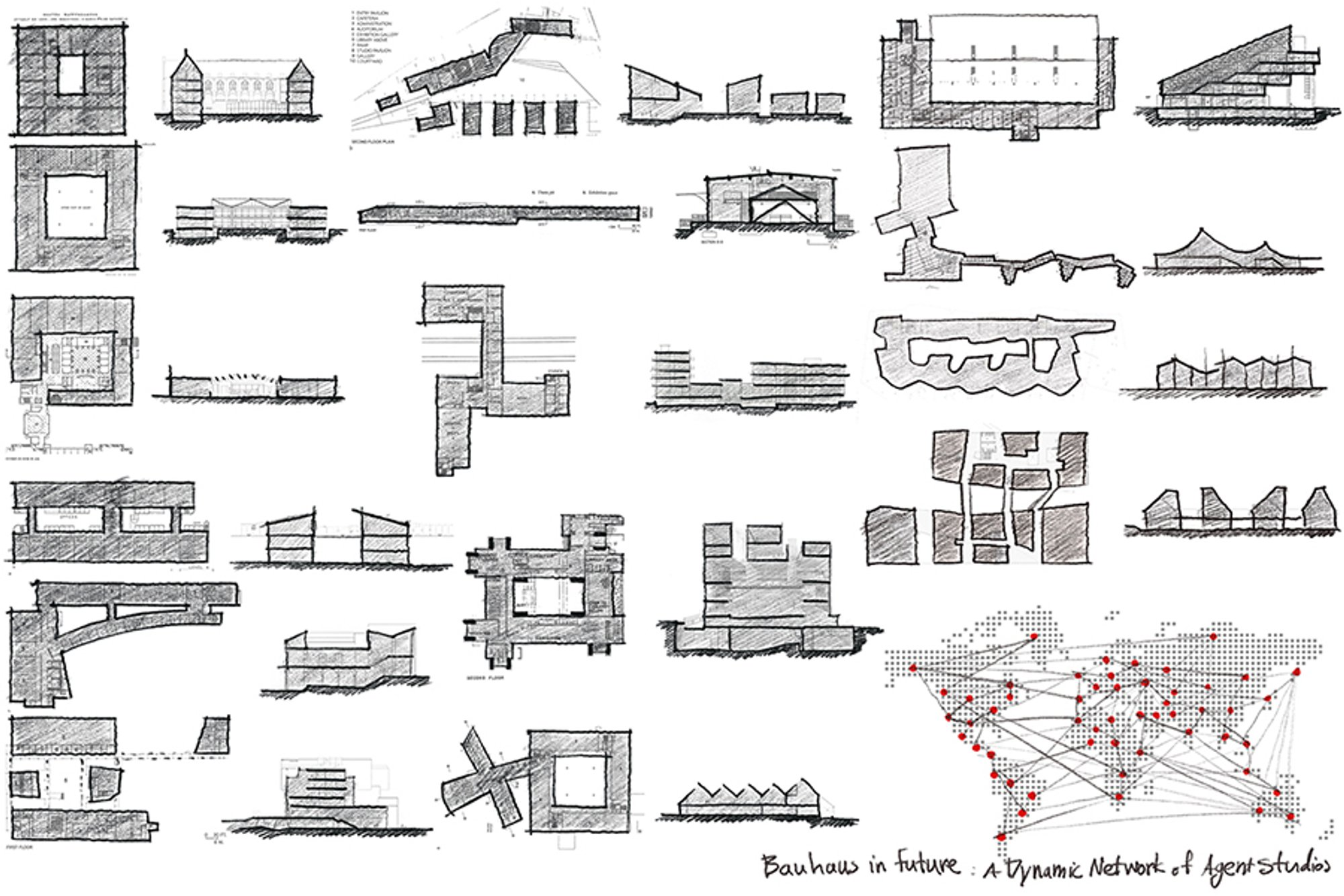A collective spatial research framework visualizing the future Bauhaus as a dynamic network of agent studios.