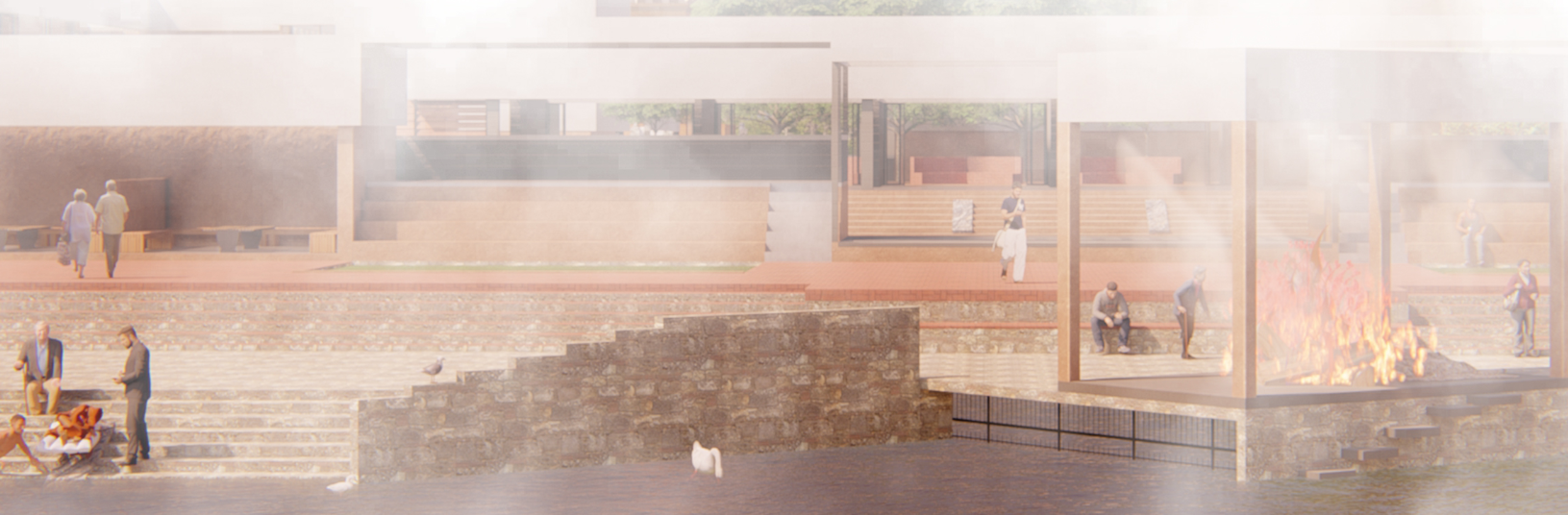Ritual cremation platform integrated with stepped river ghats and contemplative public spaces.