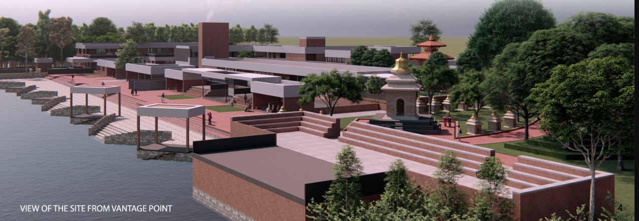 Riverfront view of the crematorium complex blending ritual spaces, temple structures, and landscape.