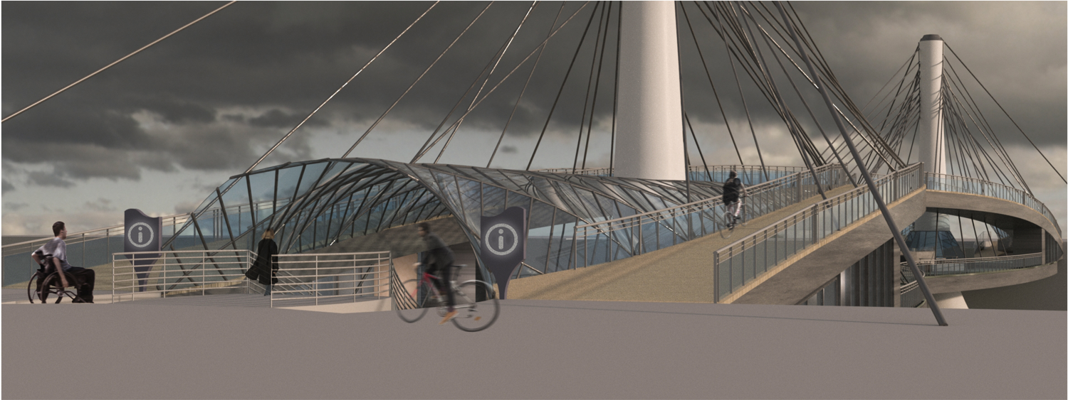 Rendered view of a cable-stayed pedestrian bridge with a glazed canopy, cyclists and a wheelchair user under heavy grey clouds