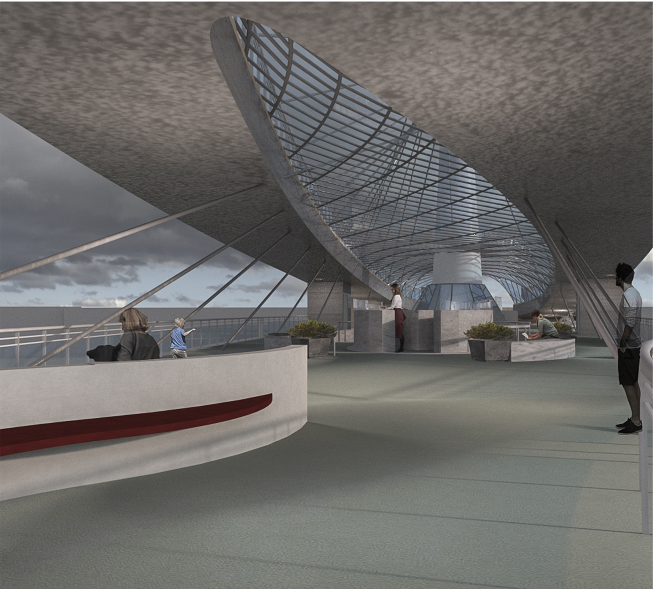 Rendered bridge deck with a curved white balustrade, planters and a glazed oval canopy overhead, visitors gathered under a cloudy sky