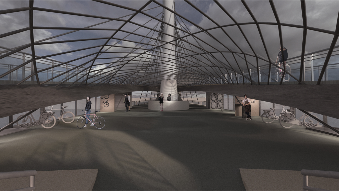Rendered view under the lattice canopy of a bridge deck, with a central pylon, parked bicycles and people standing beneath