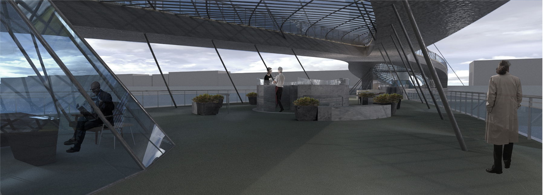 Rendered view across a bridge deck with angled glass walls, planters and a central counter, a woman in a trench coat at right