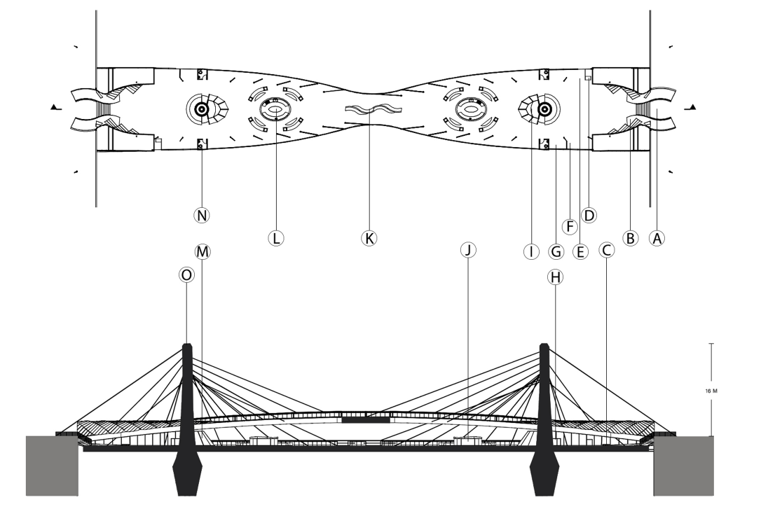 Plan above and elevation below of a cable-stayed bridge with two pylons, a pinched waist at mid-span and lettered callouts
