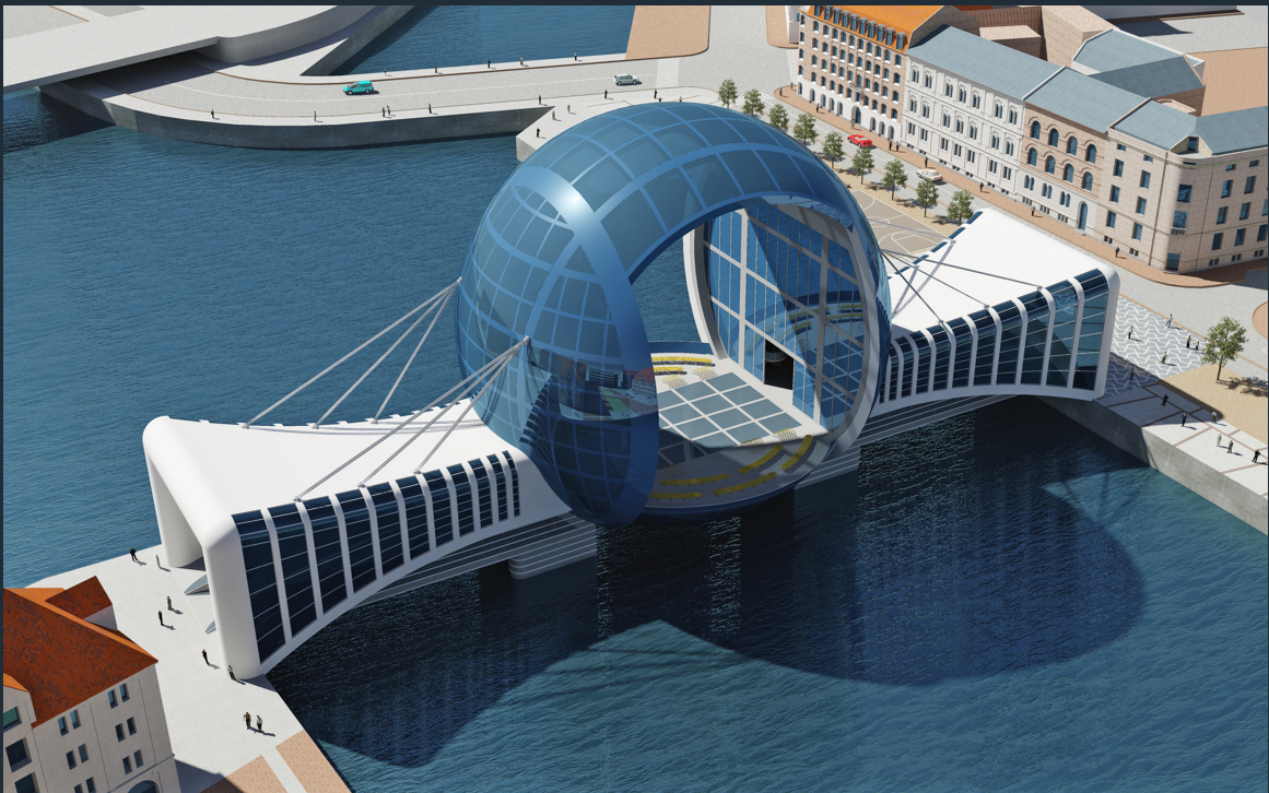 A kinetic circular bridge redefining sustainable bridge architecture over the urban waterfront.