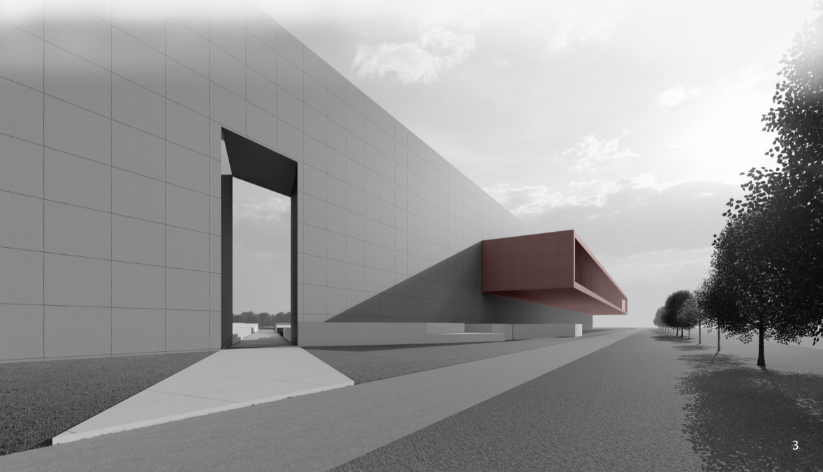 The formal volume emerges as a bold architectural landmark above the embedded library terrain.