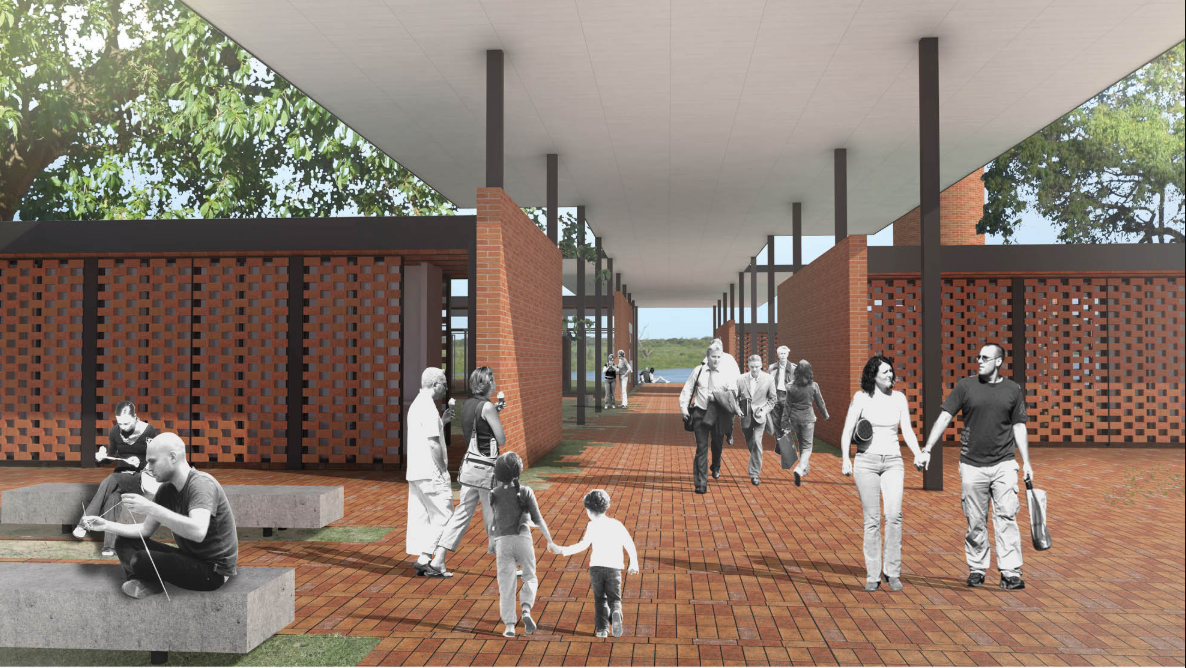 Modular circulation spine connecting ateliers through climate-responsive brick corridors.