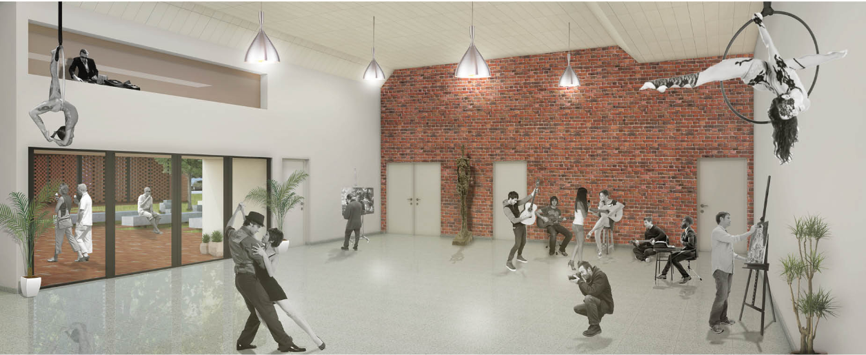 Flexible multipurpose hall supporting dance, music, visual arts, and collective performances.