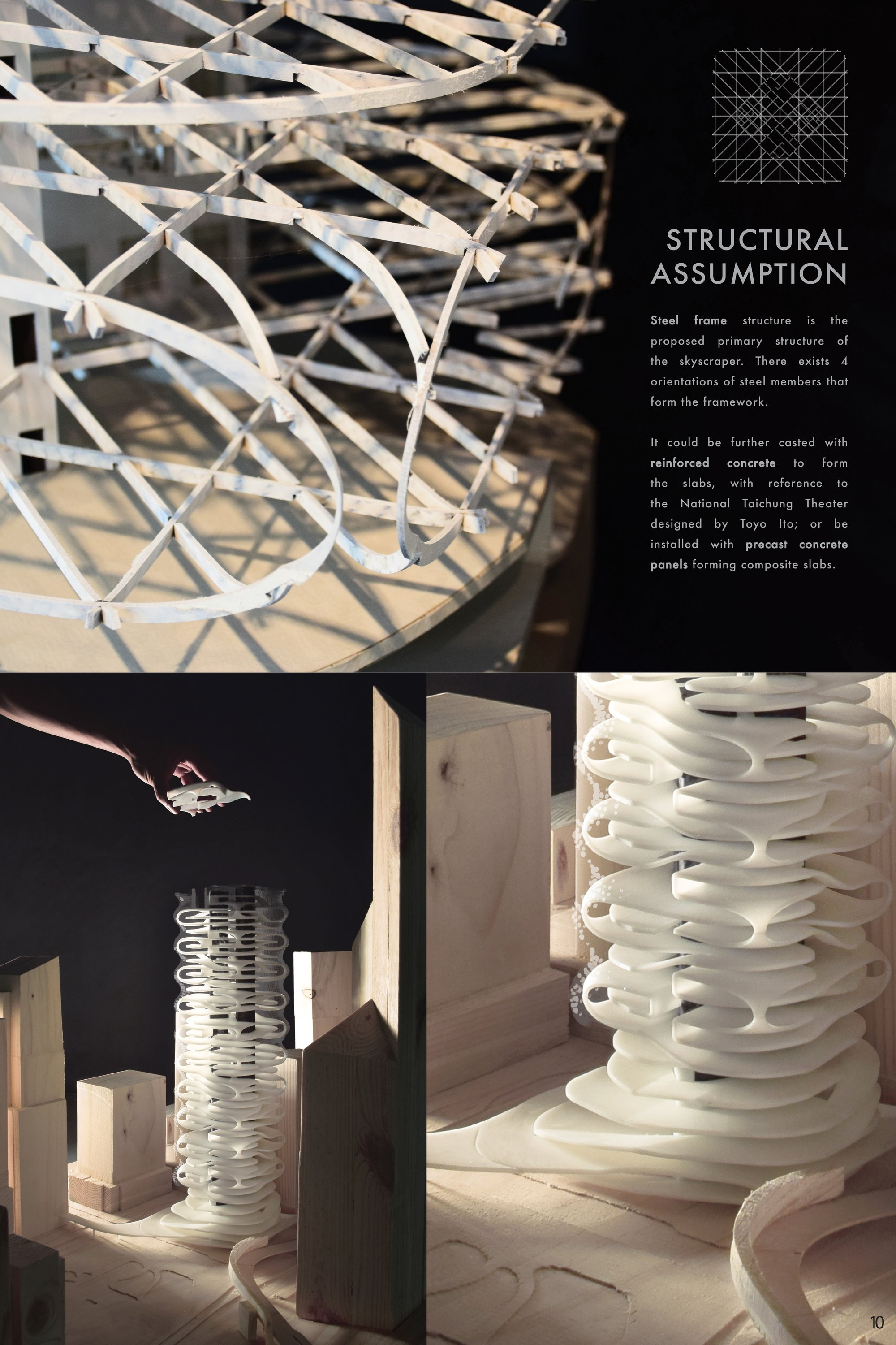 Steel frame structural model illustrating the primary load-bearing system of the skyscraper design.