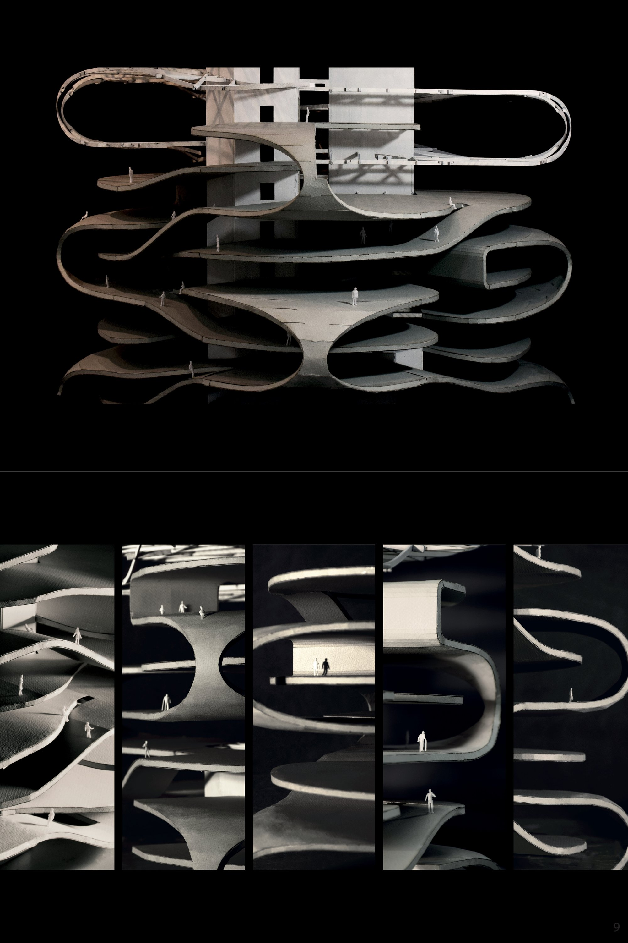 Conceptual architectural model exploring fluid floor plates and layered spatial organization.