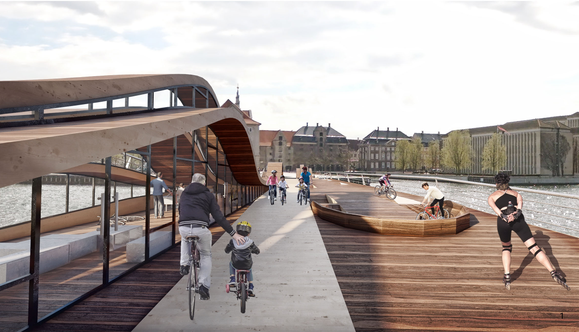 Dynamic cycling promenade integrating timber decks, curved roofing, and waterfront public space.