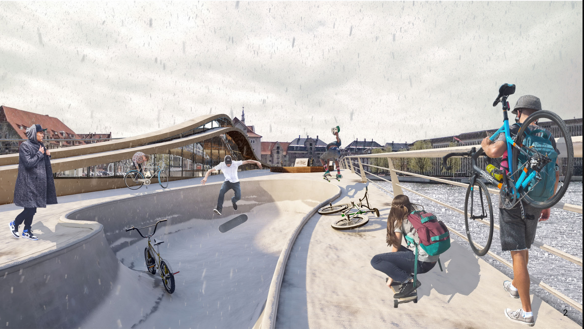BMX bowl and active recreation zone transforming the bridge into an urban playground.