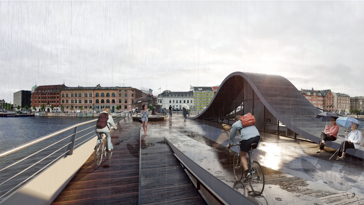 Rain-activated surface showcasing fluid architecture and all-weather cycling infrastructure.