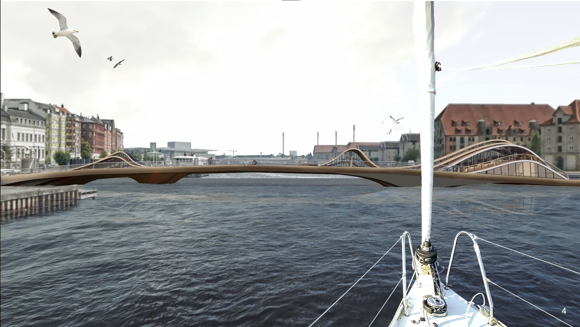 Panoramic view of the undulating bridge form connecting city edges across the water.