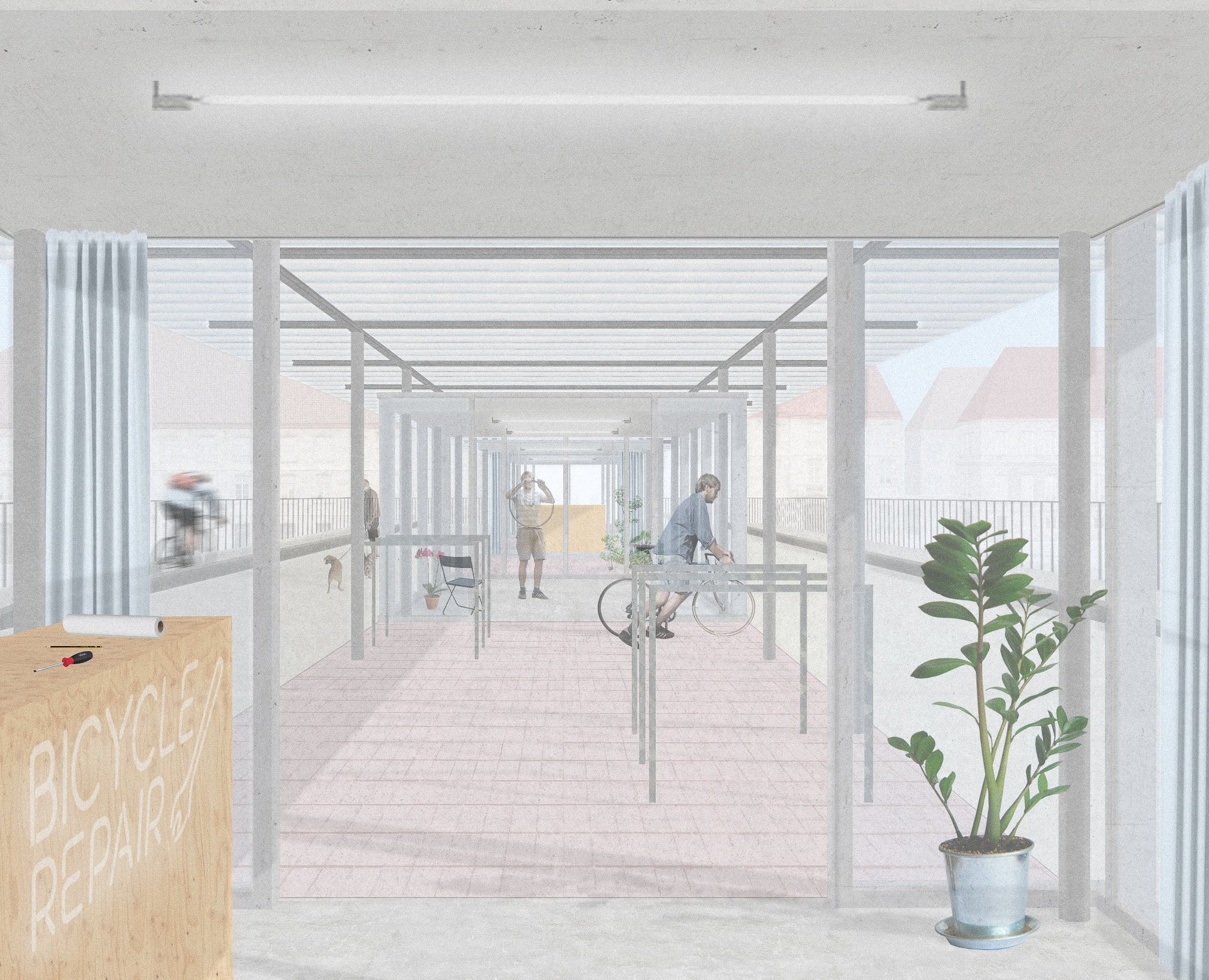 Flexible pavilion space integrating bicycle repair, social interaction, and shaded circulation along the bridge.