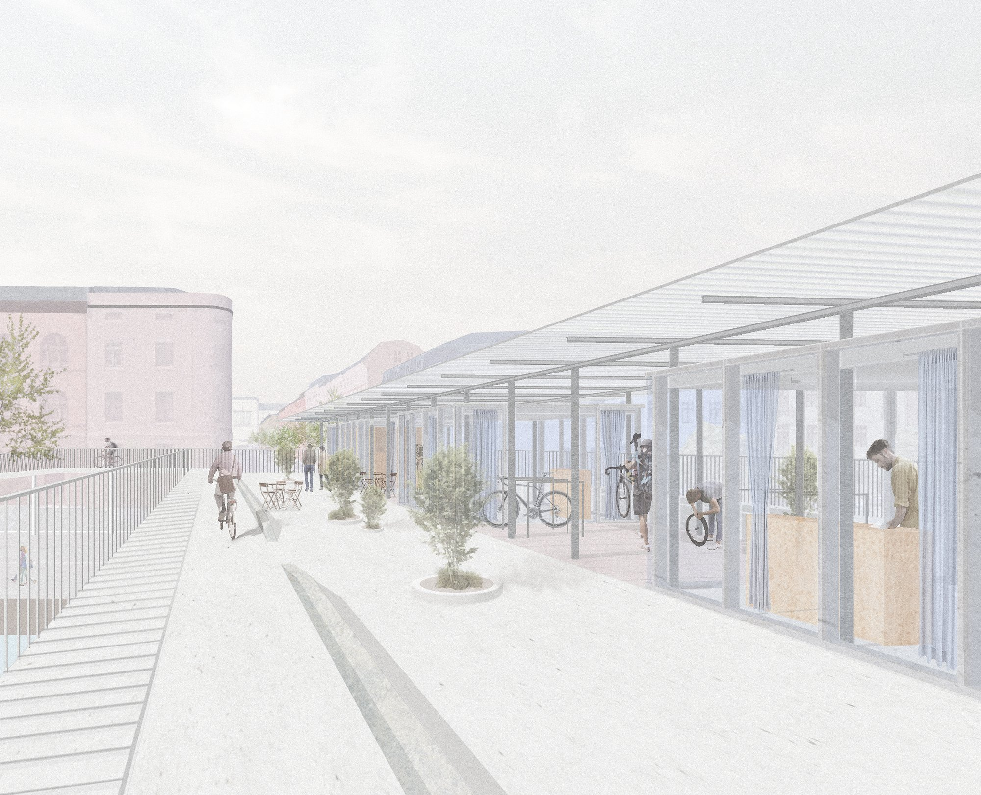 Cycling and pedestrian pathways activated with kiosks, greenery, and modular pavilions.