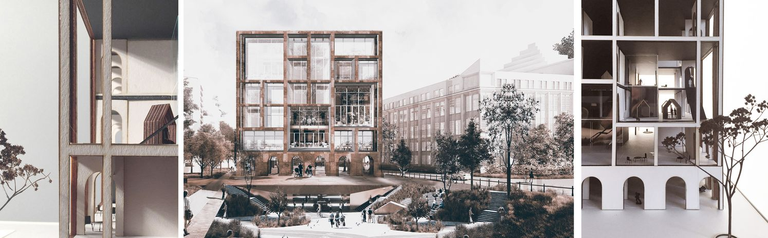 A porous façade framing shared spaces and collective activity.