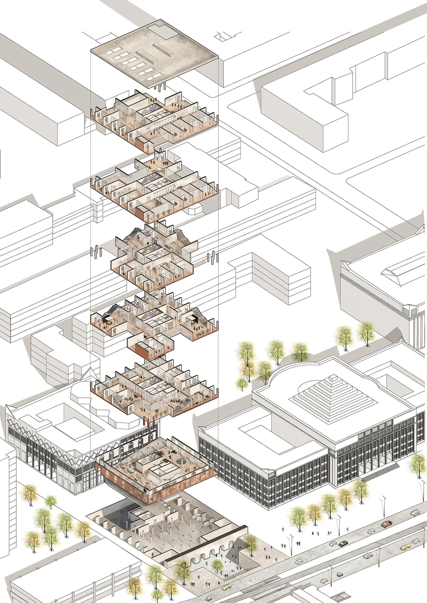 Programmatic layers revealing the building as vertical public space.