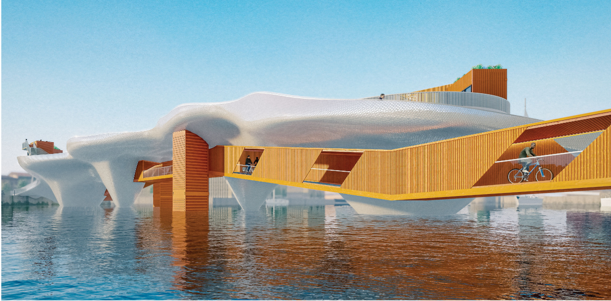Sculptural exterior form rising above the water, integrating cycling infrastructure with architectural expression.