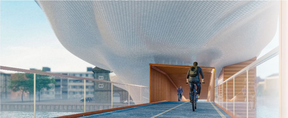 Lower commuter path providing a direct, efficient cycling route beneath the organic structural shell.