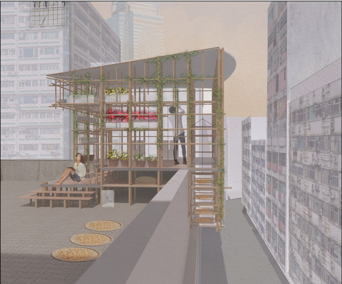 Rooftop parasitic structure activating unused urban space for drying Hoi Mei and community gathering.