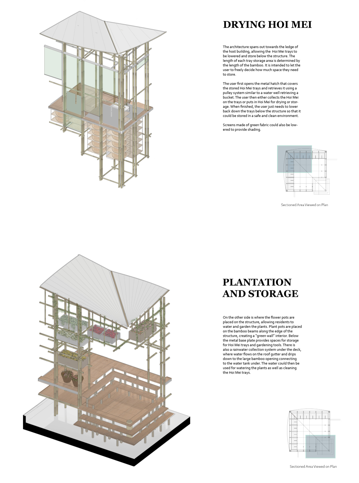 Axonometric diagram illustrating the bamboo-framed drying system and adjustable tray storage.
