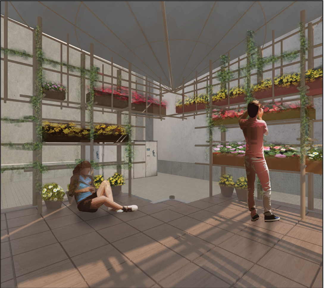 Interior rooftop garden creating a green communal retreat above Hong Kong’s dense streets.
