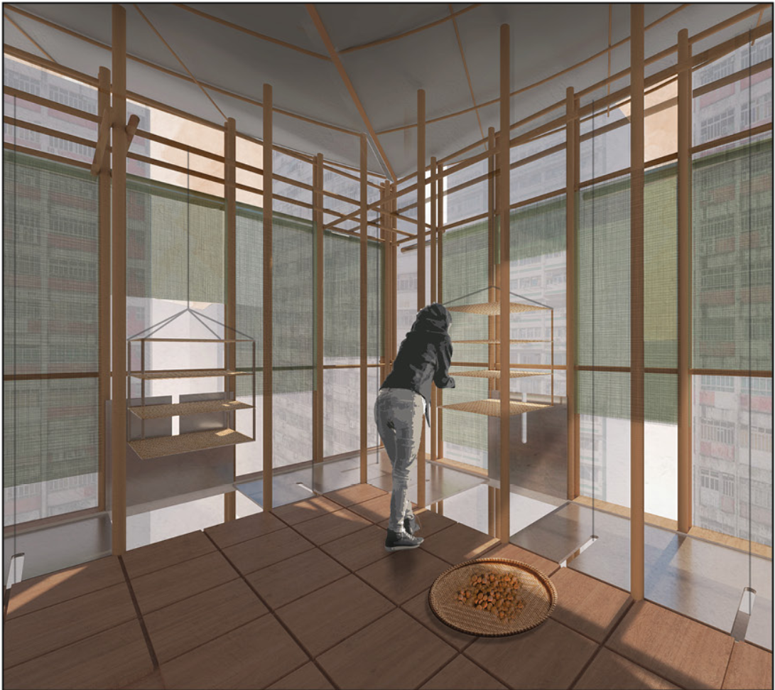 Drying area with adjustable trays and translucent screens for controlled light and ventilation.