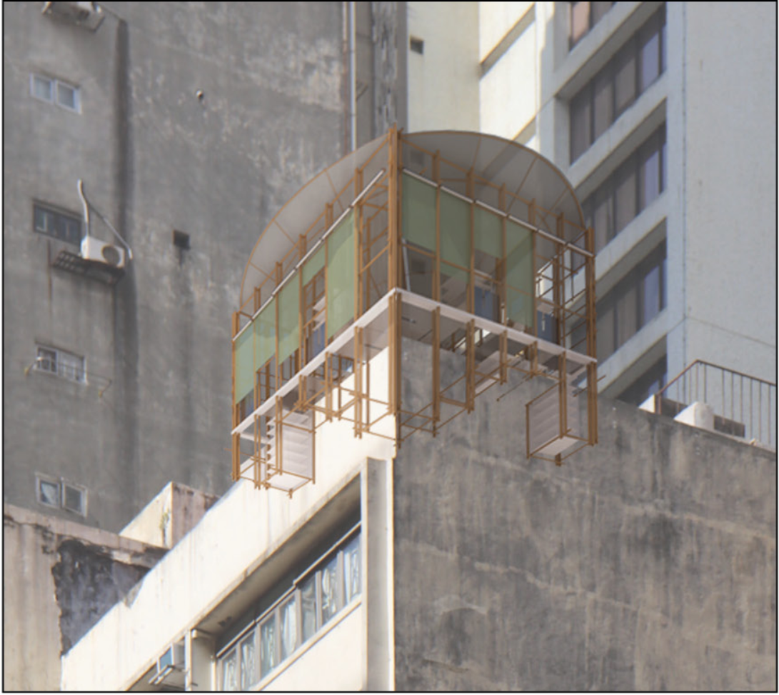 Exterior view showing the bamboo parasitic architecture cantilevered from the host building façade.