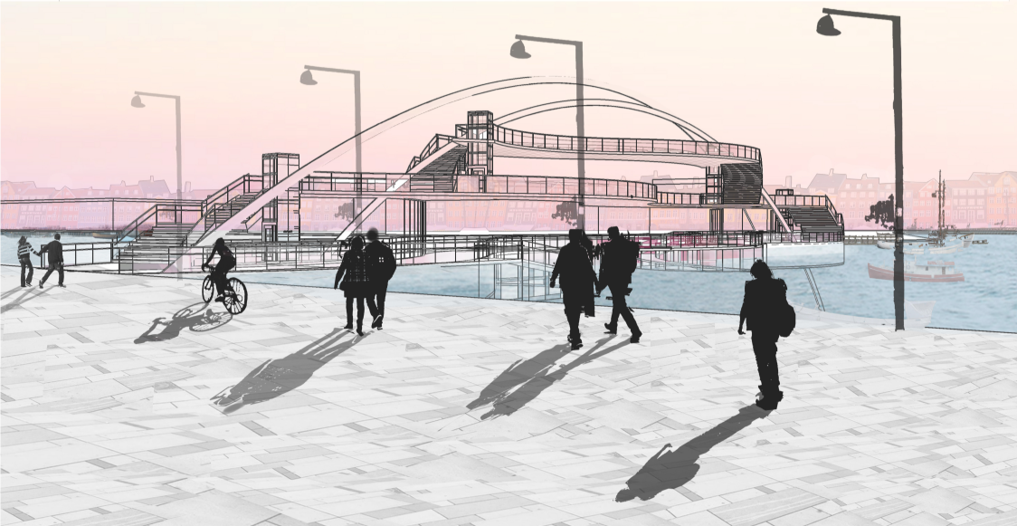 A layered cycling bridge activates the waterfront, blending movement, pause, and social interaction.
