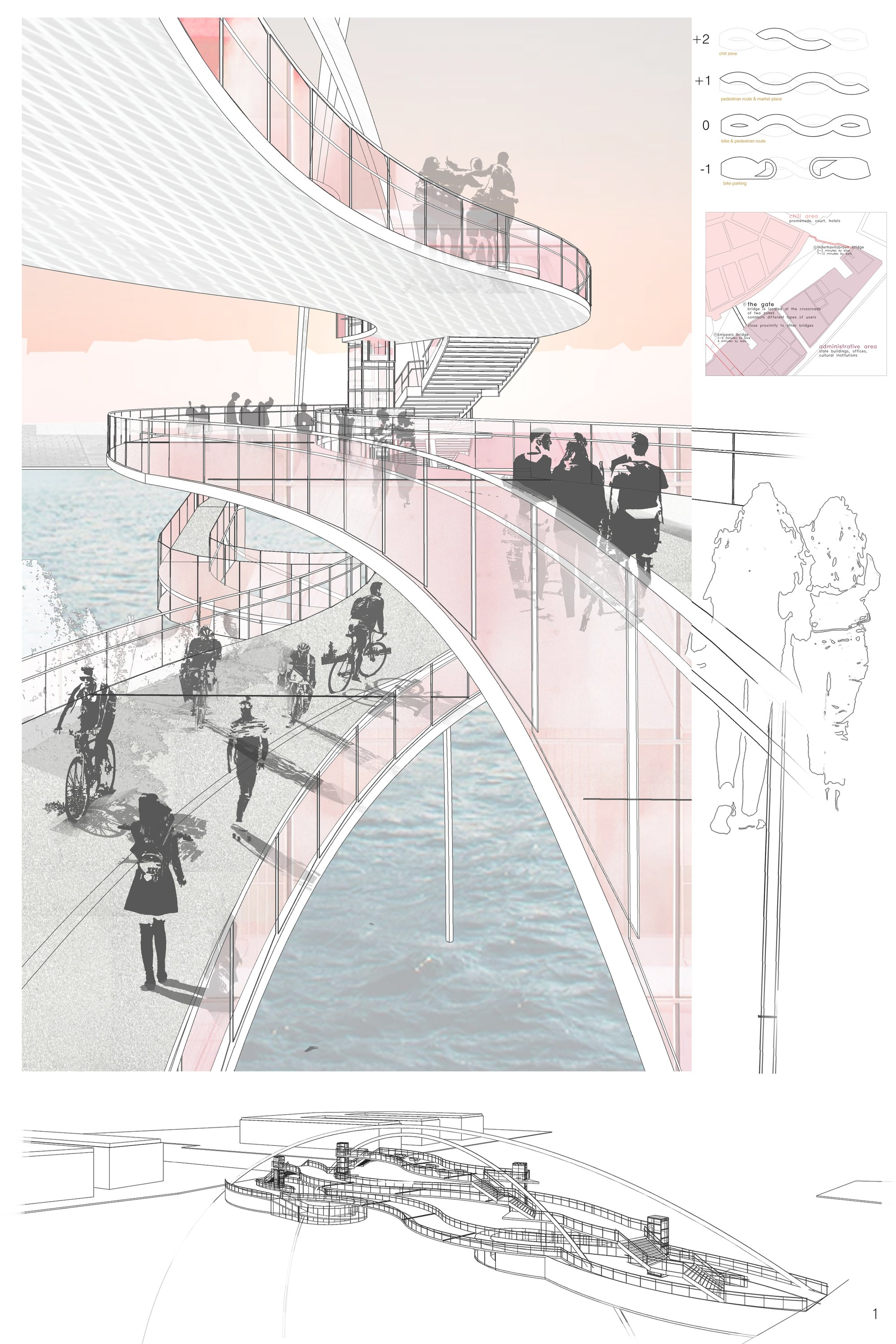 Layered pedestrian and cycling paths intertwine above the water, creating an elevated public promenade within a sculptural bridge form.
