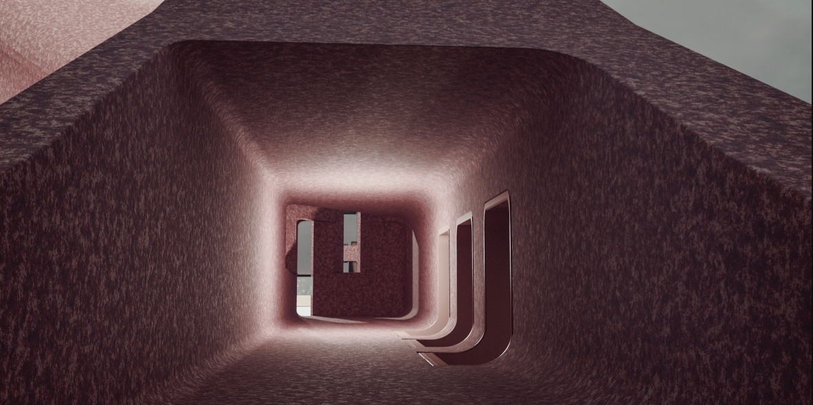 Interior hypersurface corridor blending movement, light, and spatial continuity.