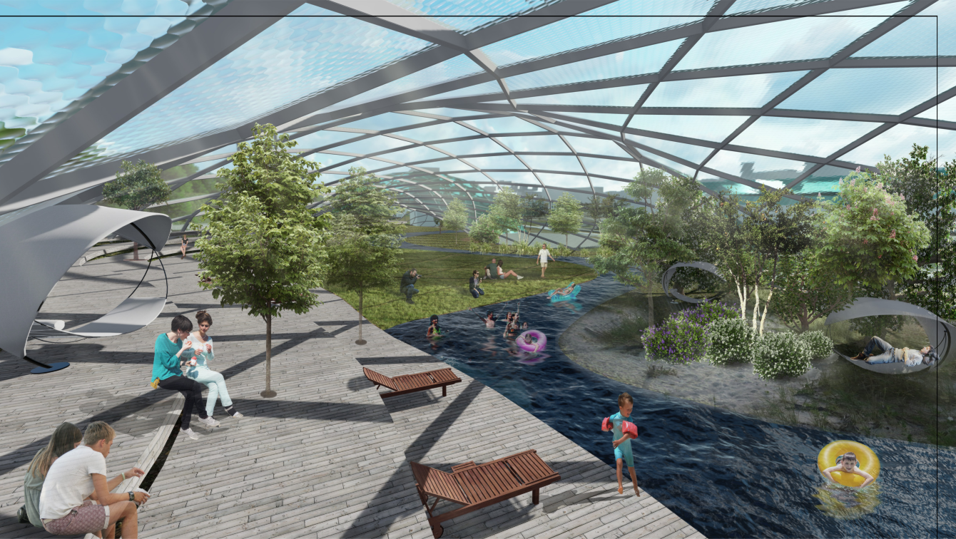 Rendering of an indoor channel with swimmers, wooden decking and loungers beneath a curved steel and glass lattice roof in daylight